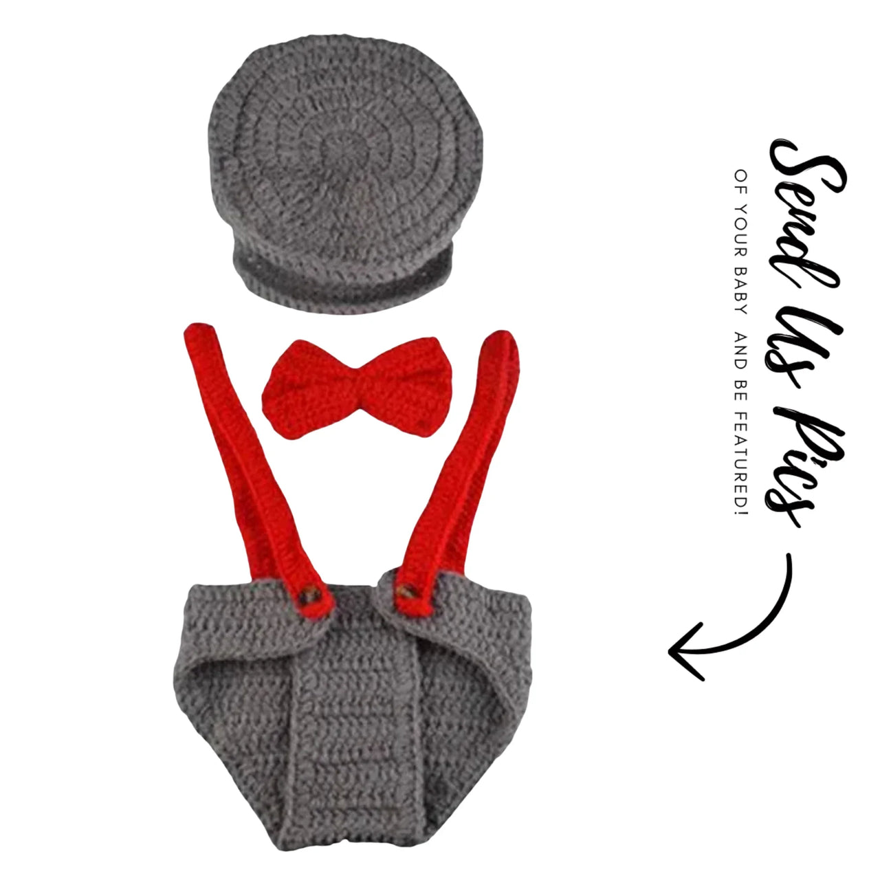 Crocheted baby outfit with gray diaper cover, red suspenders, and bow tie, accompanied by a gray hat.