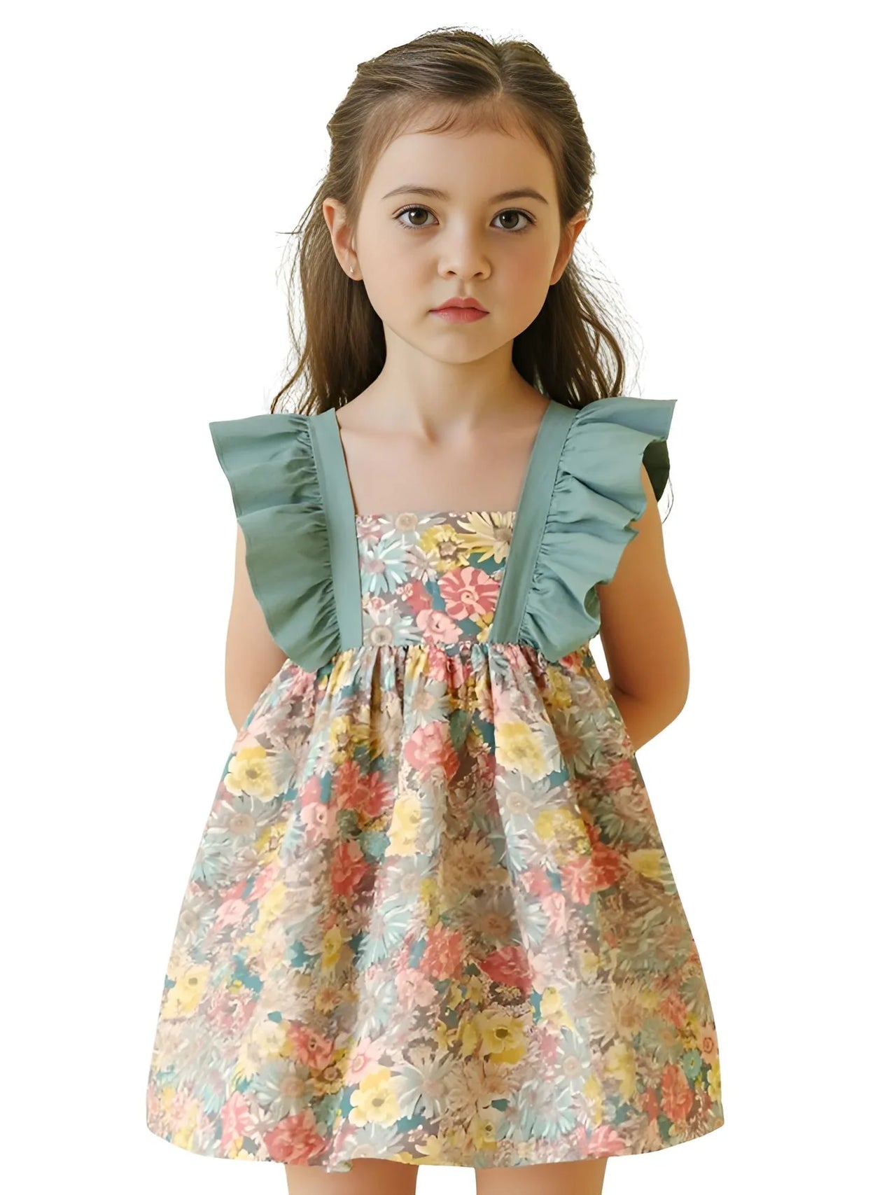 Young girl wearing a floral dress with green ruffled straps on a white background