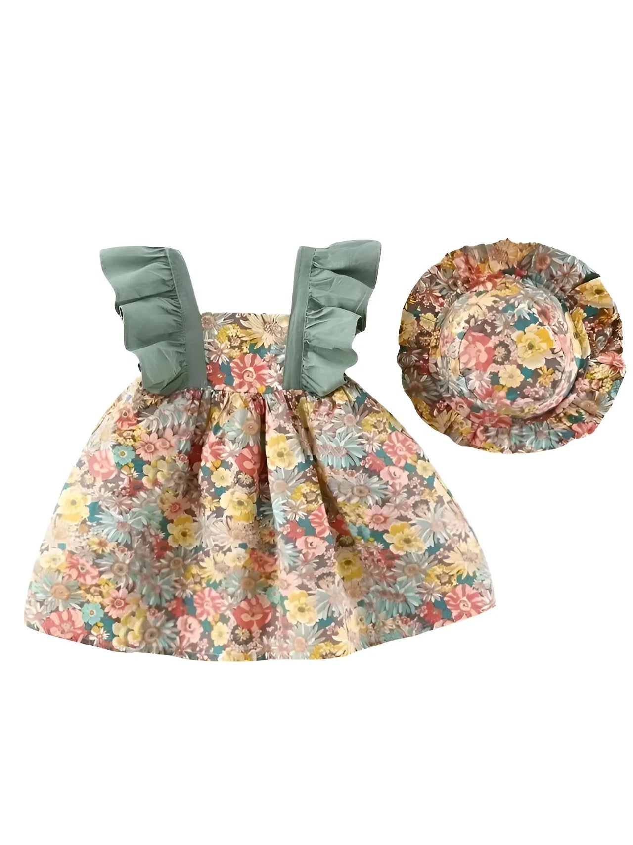 Floral dress with green ruffled straps and matching hat on a white background