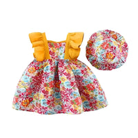 Thumbnail for Colorful floral dress with yellow ruffled straps and matching floral hat on a white background