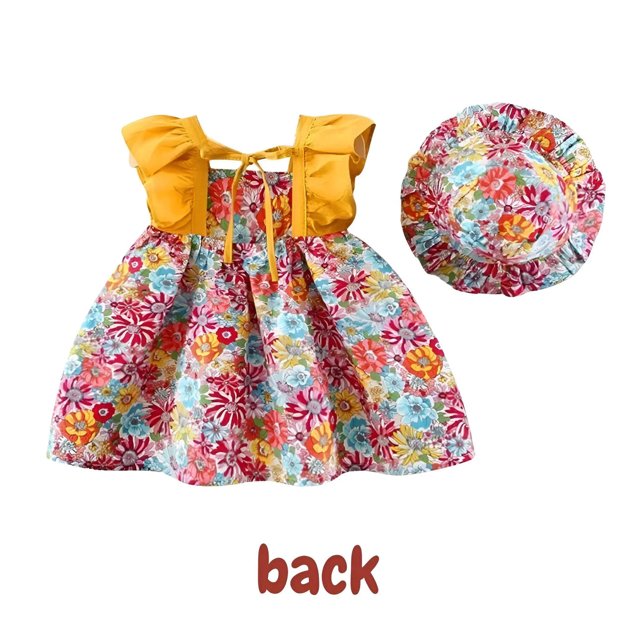 Colorful floral dress with yellow top and matching hat on a white background