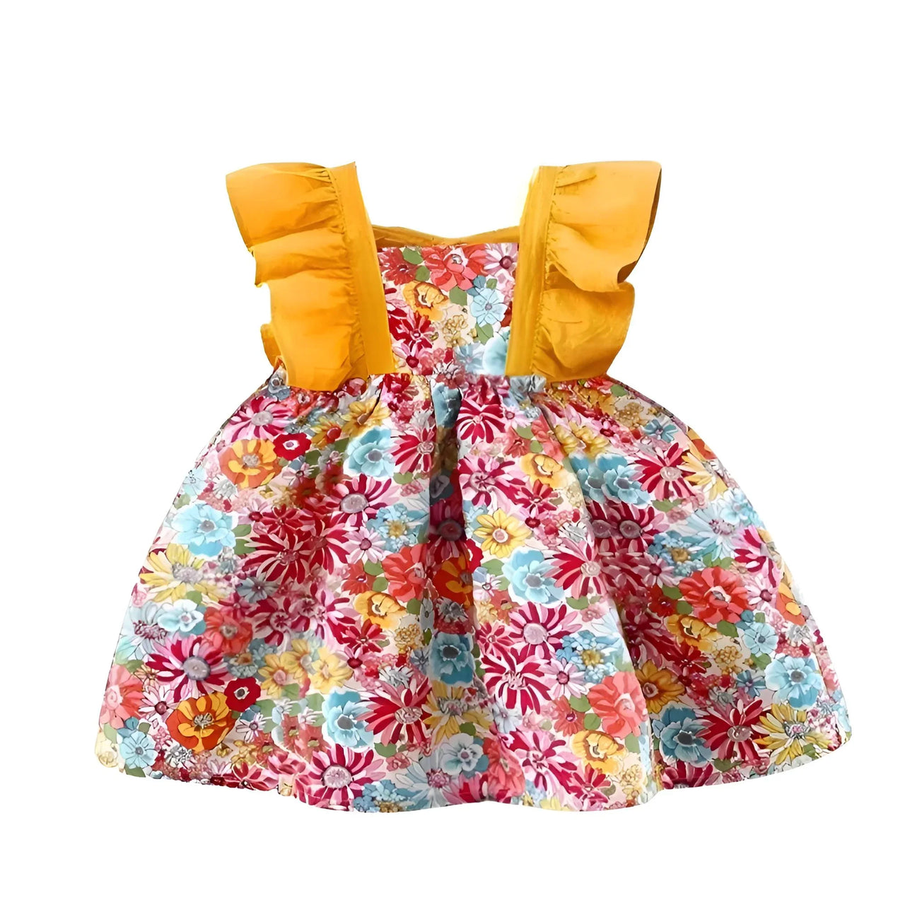 Colorful floral dress with yellow straps on a white background