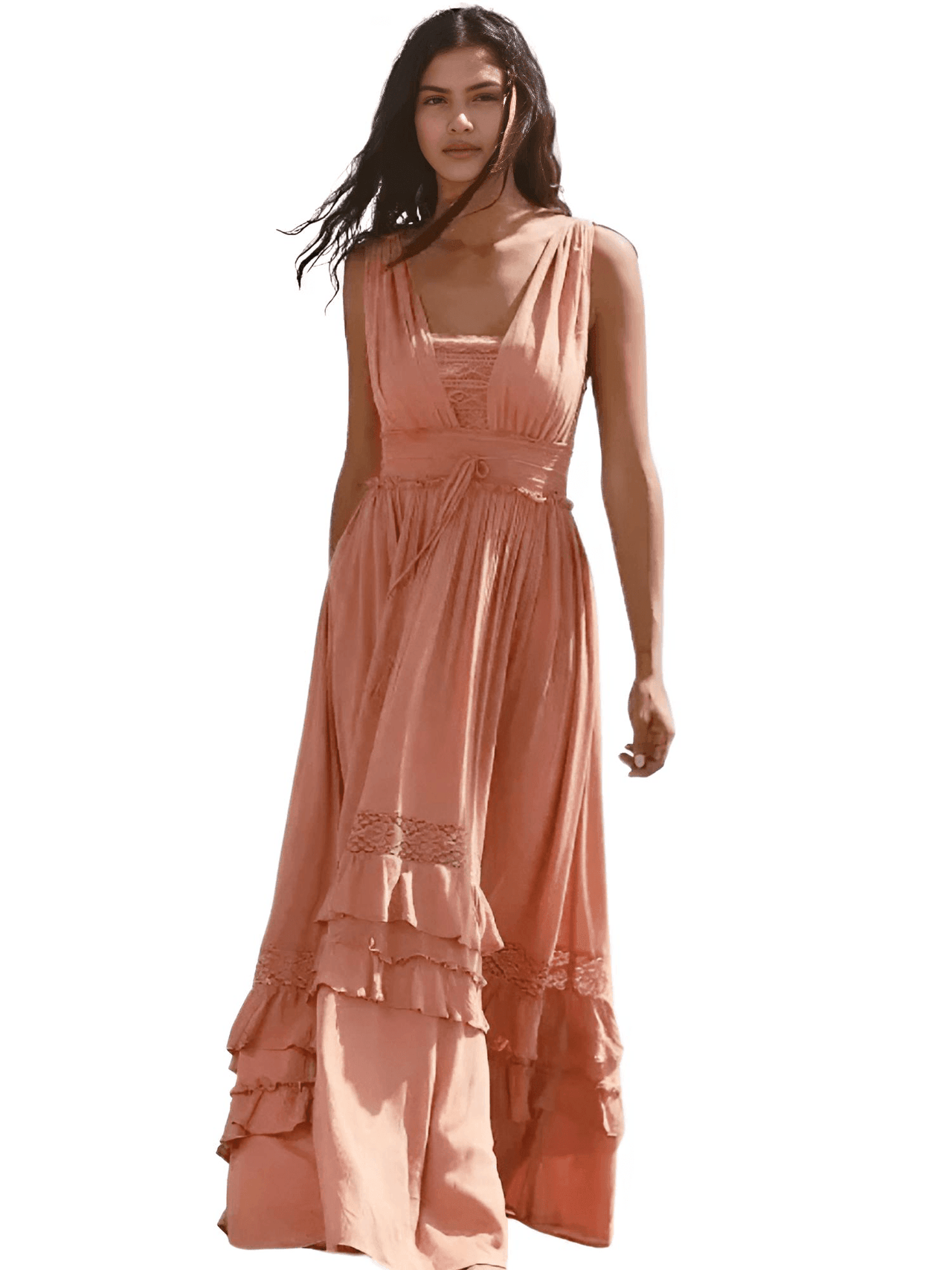 Summer Beach Dress Sleeveless Cotton Maxi Dresses Boho Style Solid Color Lace Ruffled Sundress -, Dress , Drestiny , Australia, Beige, Blue, FR, L, M, Maxi Dresses, New Zealand, Pink, S, Sleeveless, United Kingdom, United States, XL, Yellow , Drestiny , www.shopdrestiny.com