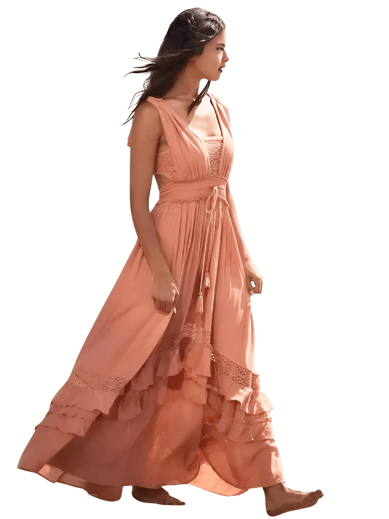 Summer Beach Dress Sleeveless Cotton Maxi Dresses Boho Style Solid Color Lace Ruffled Sundress -, Dress , Drestiny , Australia, Beige, Blue, FR, L, M, Maxi Dresses, New Zealand, Pink, S, Sleeveless, United Kingdom, United States, XL, Yellow , Drestiny , www.shopdrestiny.com