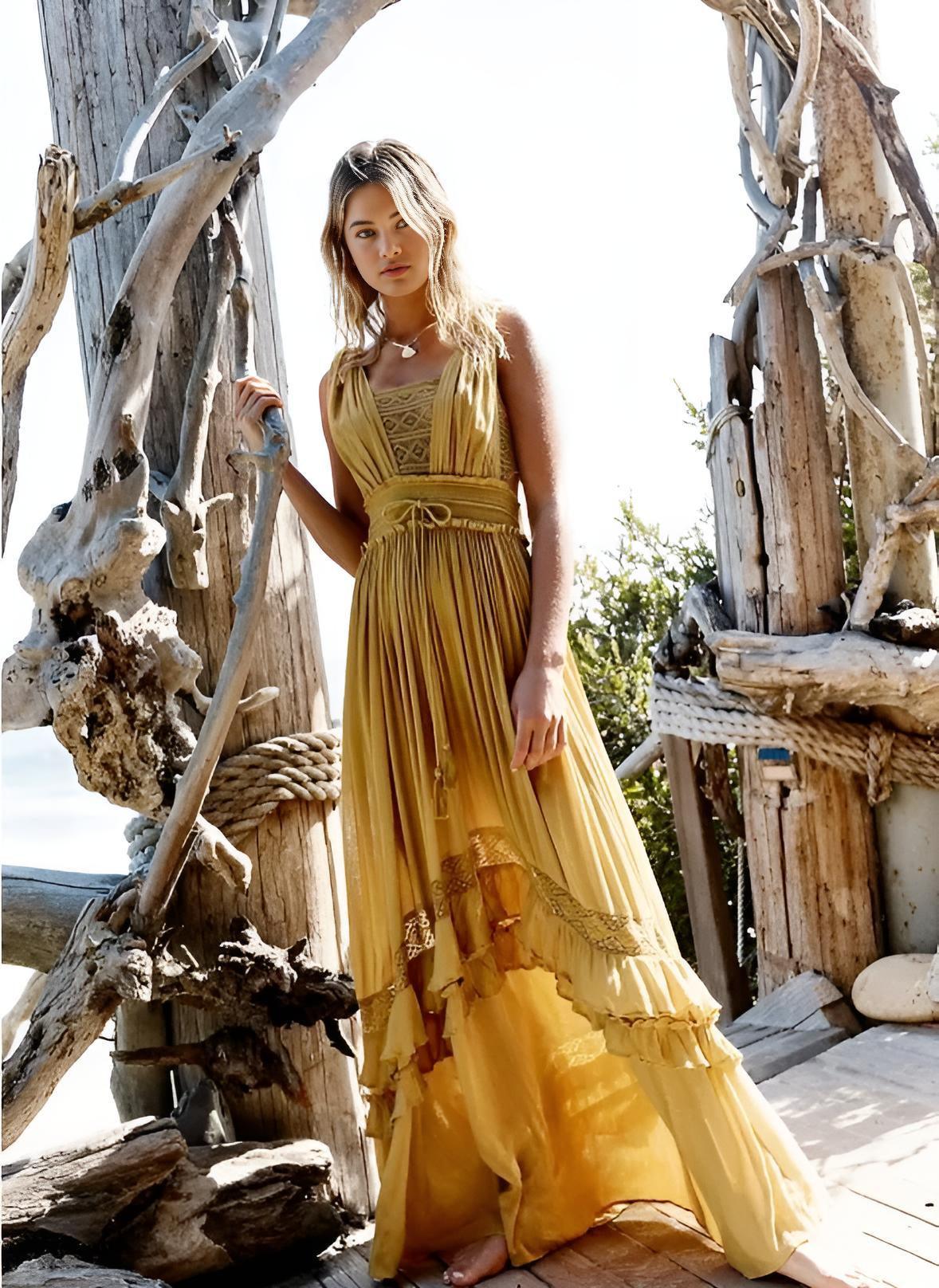 Summer Beach Dress Sleeveless Cotton Maxi Dresses Boho Style Solid Color Lace Ruffled Sundress -, Dress , Drestiny , Australia, Beige, Blue, FR, L, M, Maxi Dresses, New Zealand, Pink, S, Sleeveless, United Kingdom, United States, XL, Yellow , Drestiny , www.shopdrestiny.com