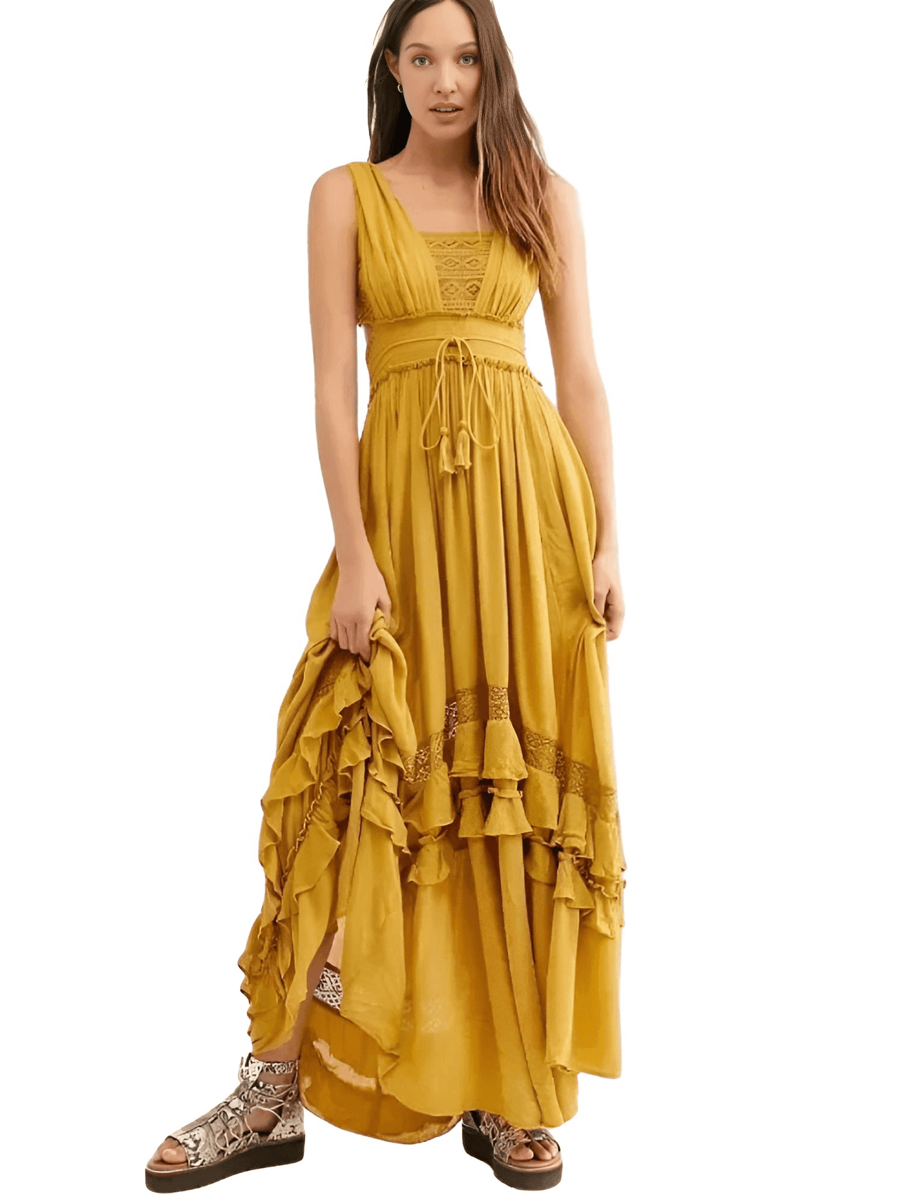 Summer Beach Dress Sleeveless Cotton Maxi Dresses Boho Style Solid Color Lace Ruffled Sundress -, Dress , Drestiny , Australia, Beige, Blue, FR, L, M, Maxi Dresses, New Zealand, Pink, S, Sleeveless, United Kingdom, United States, XL, Yellow , Drestiny , www.shopdrestiny.com