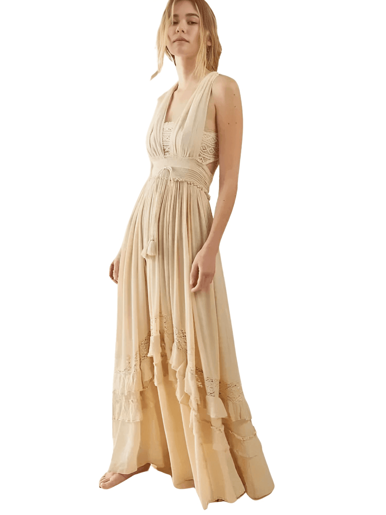 Summer Beach Dress Sleeveless Cotton Maxi Dresses Boho Style Solid Color Lace Ruffled Sundress -, Dress , Drestiny , Australia, Beige, Blue, FR, L, M, Maxi Dresses, New Zealand, Pink, S, Sleeveless, United Kingdom, United States, XL, Yellow , Drestiny , www.shopdrestiny.com