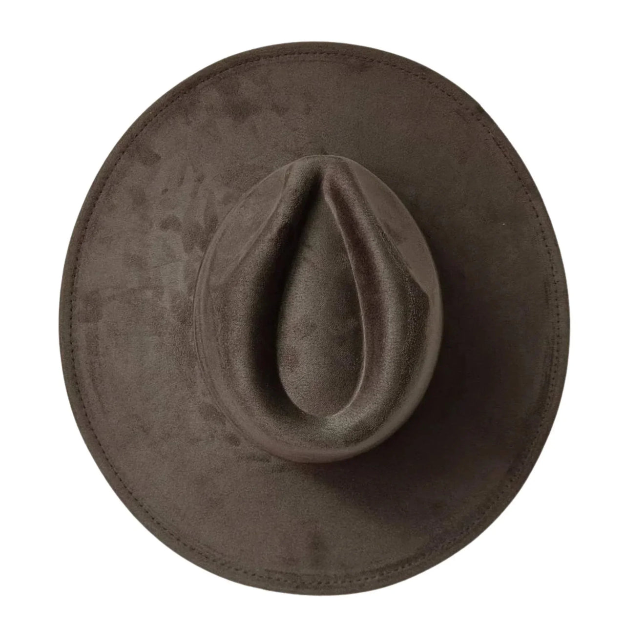Taupe suede wide-brimmed hat on a white background
