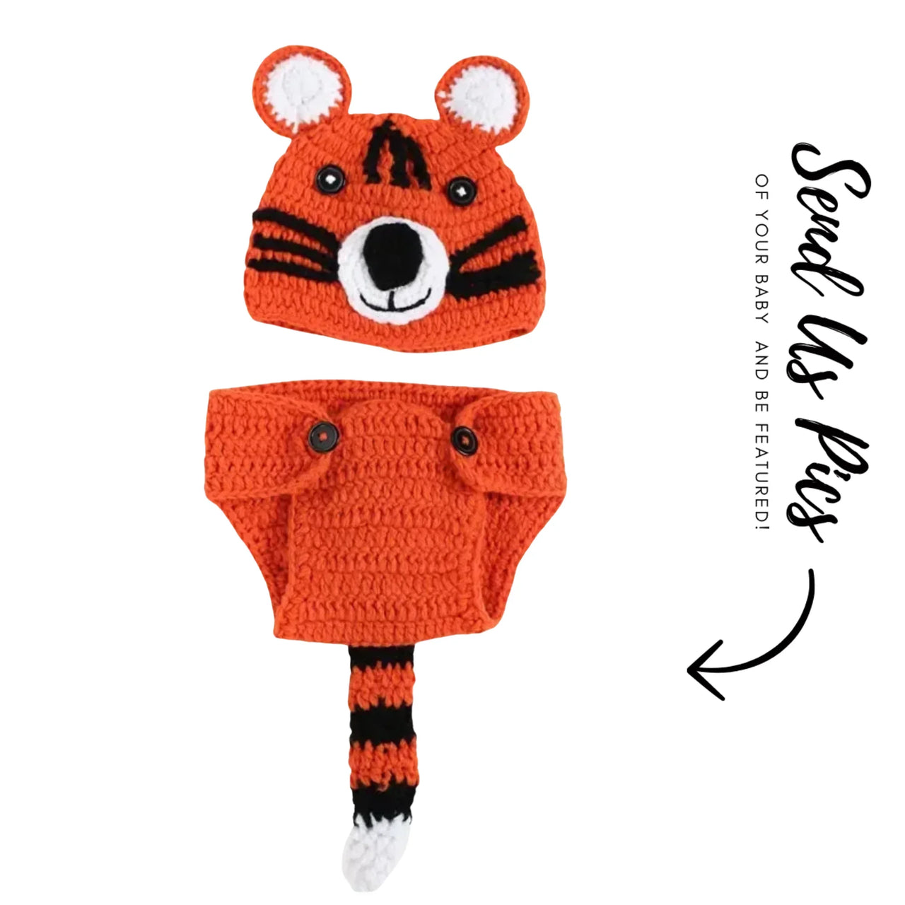 Crocheted tiger-themed baby hat and diaper cover set on a white background