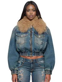 Thumbnail for Trendy Fashion Women's Fur Collar Denim Jacket Double Zipper High Waist Long Sleeve Thick Warm Short Coat Winter