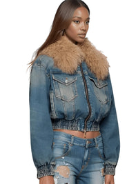Thumbnail for Trendy Fashion Women's Fur Collar Denim Jacket Double Zipper High Waist Long Sleeve Thick Warm Short Coat Winter