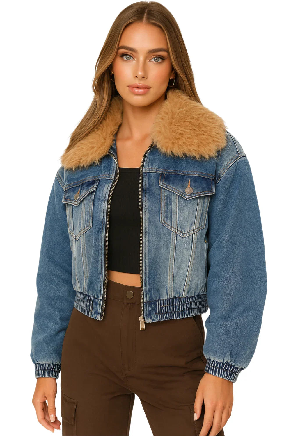 Trendy Fashion Women's Fur Collar Denim Jacket Double Zipper High Waist Long Sleeve Thick Warm Short Coat Winter