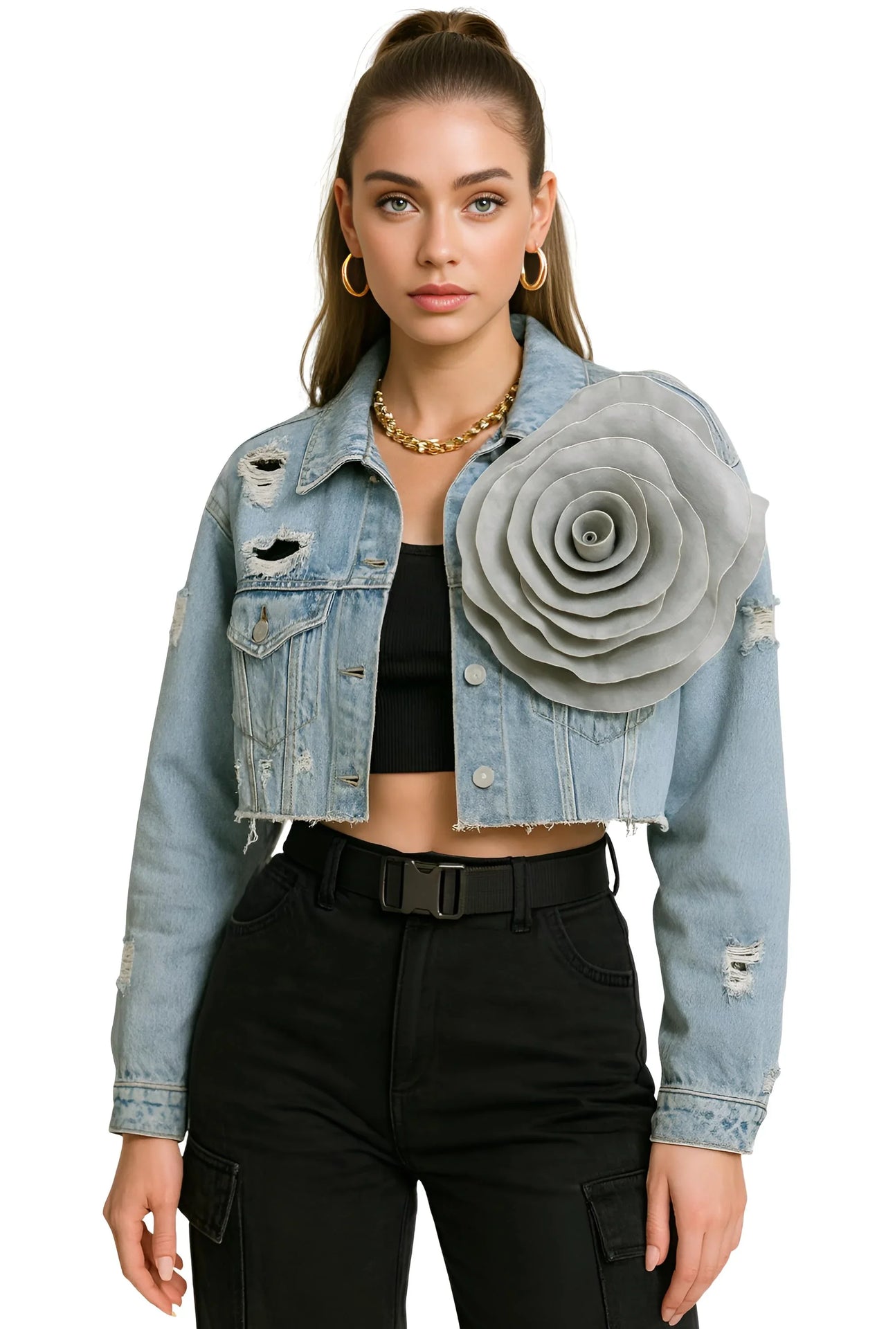 Trendy Fashion Women's Spliced 3D Flower Denim Coat Lapel Long Sleeve Button Jacket Female