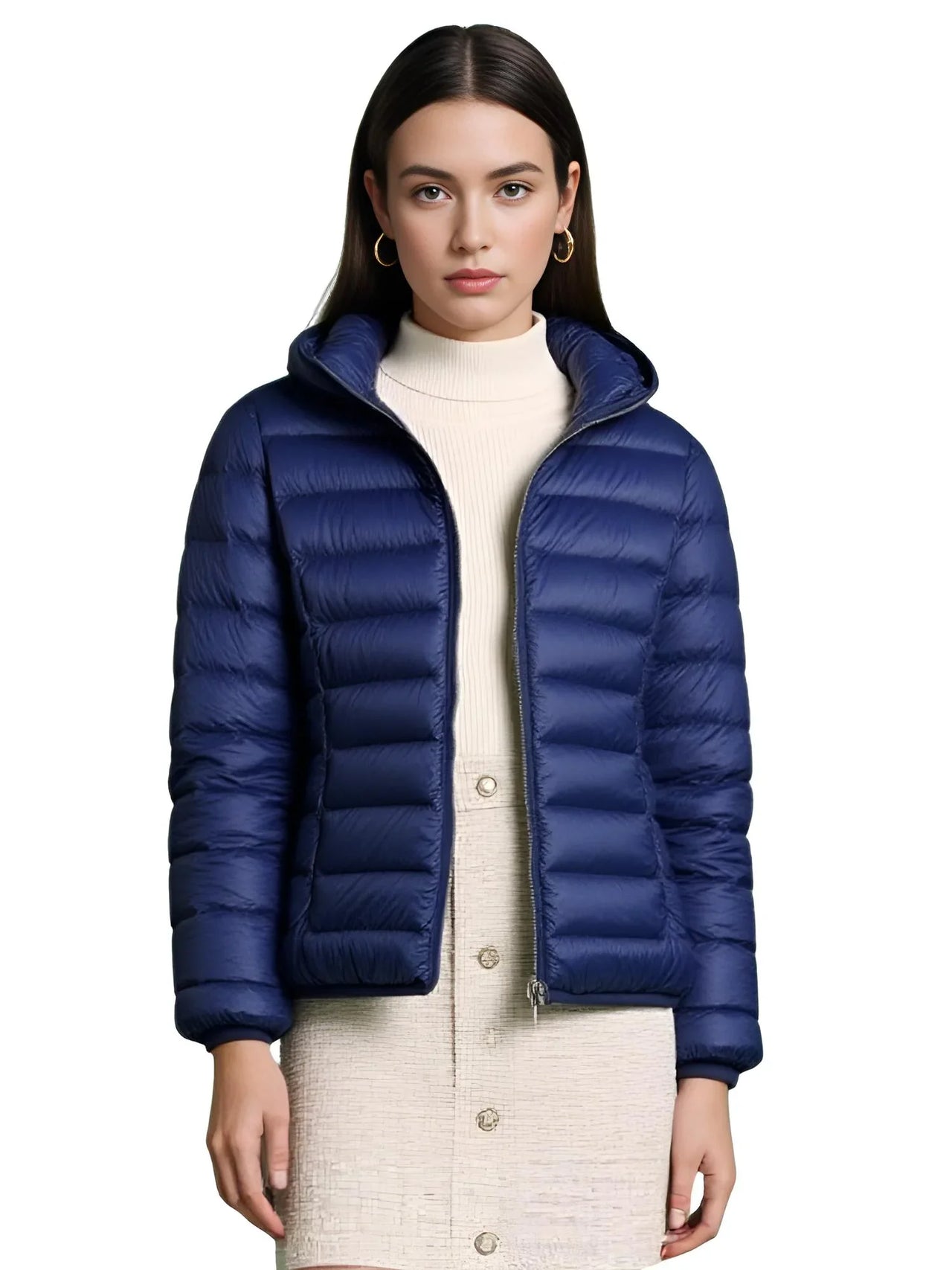 Woman wearing a blue puffer jacket on a white background