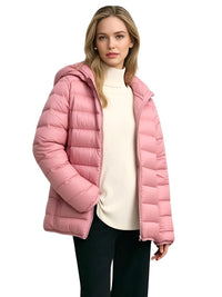 Thumbnail for Woman wearing a pink puffer down jacket on a white background