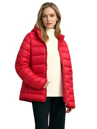 Thumbnail for Woman wearing a red puffer jacket on a white background