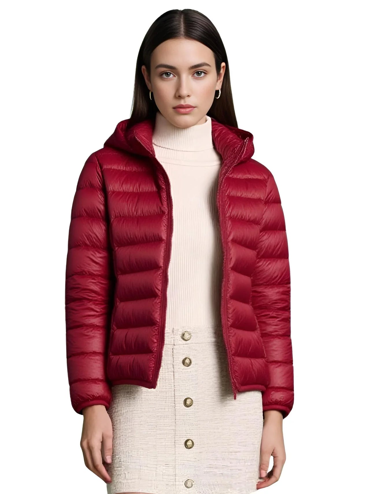Woman wearing a wine red puffer jacket over a white outfit on a white background