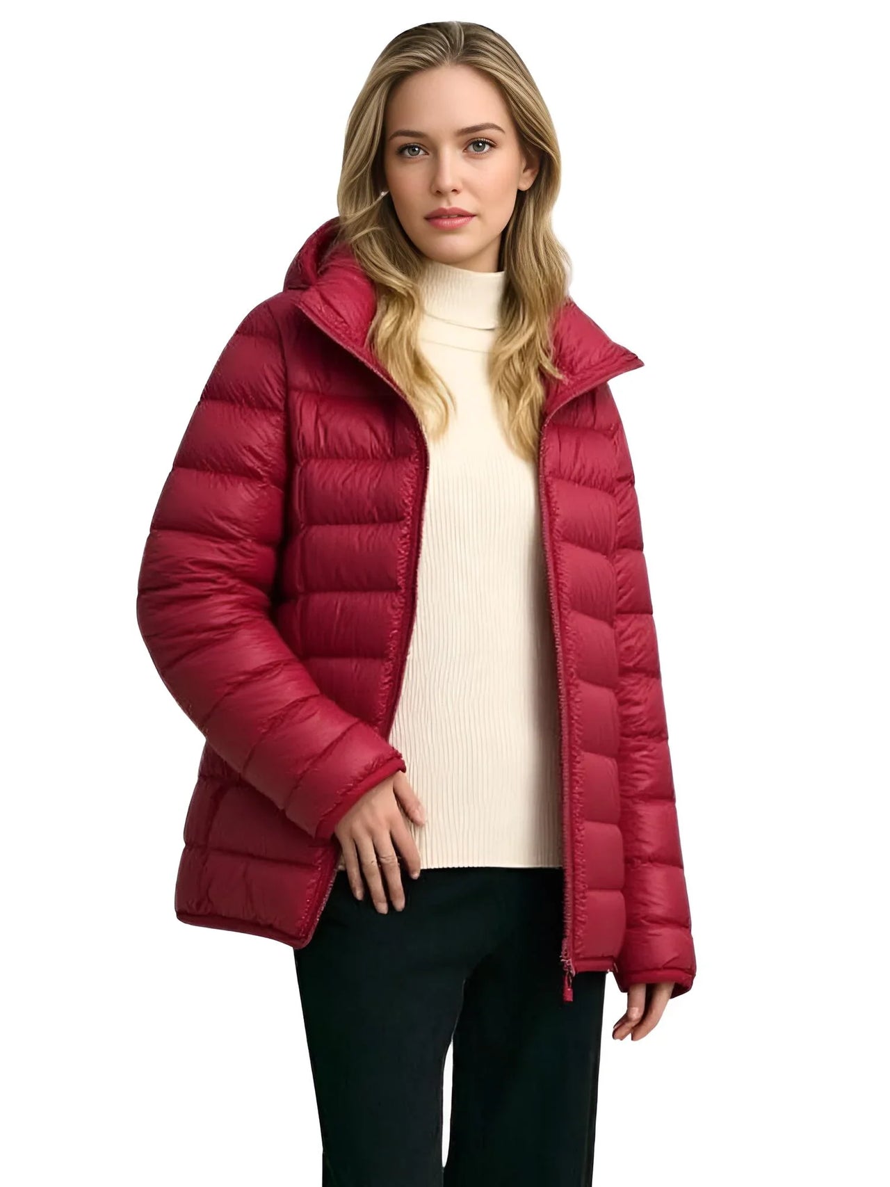 Woman wearing a red puffer jacket on a white background