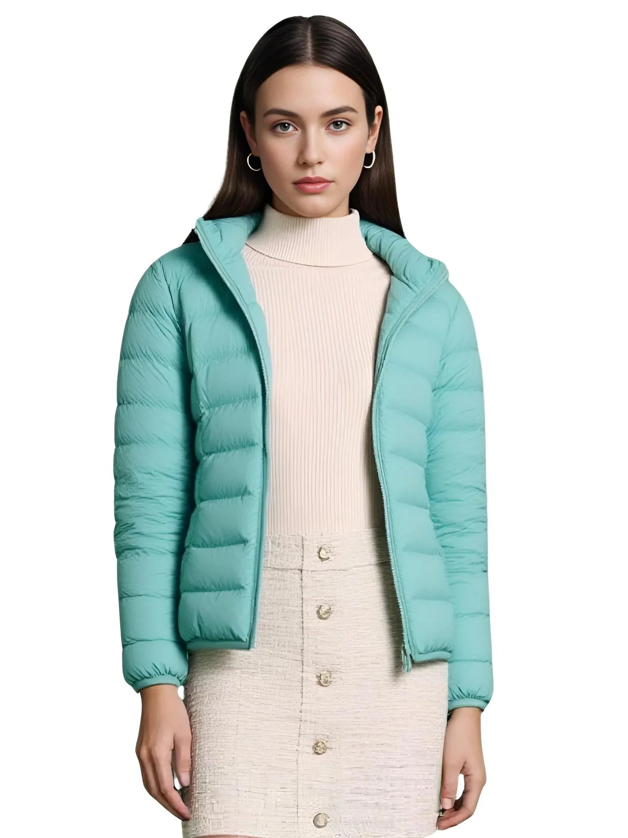 Woman wearing a teal puffer jacket on a white background