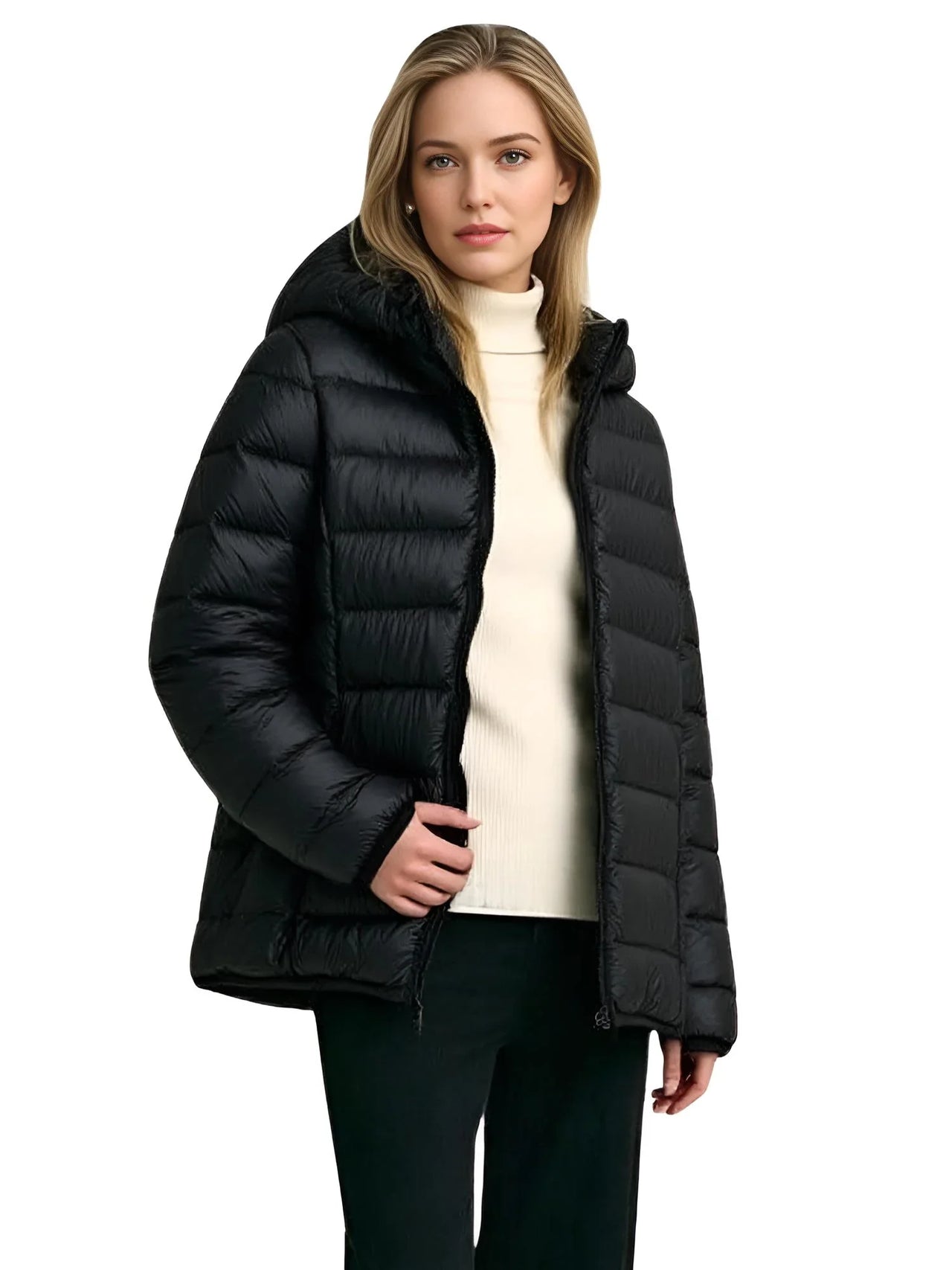 Woman wearing a black puffer down jacket on a white background