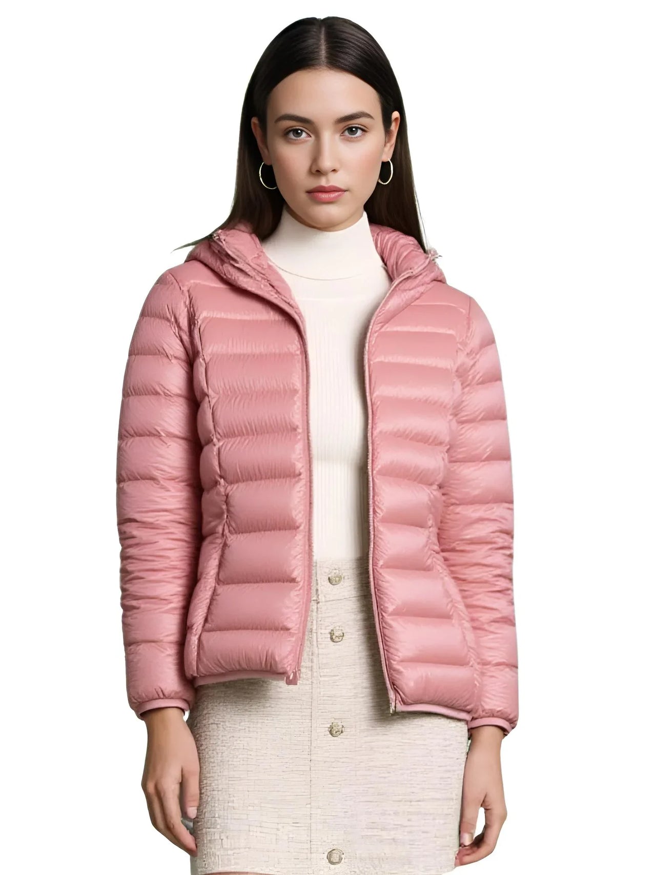 Woman wearing a pink puffer jacket on a white background