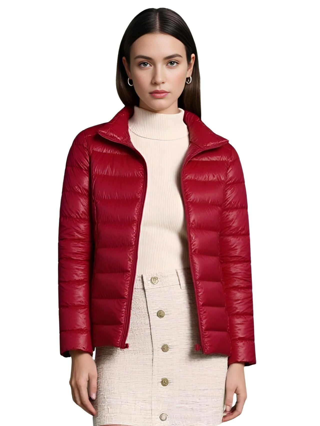 Woman wearing a dark red duck down jacket on a white background