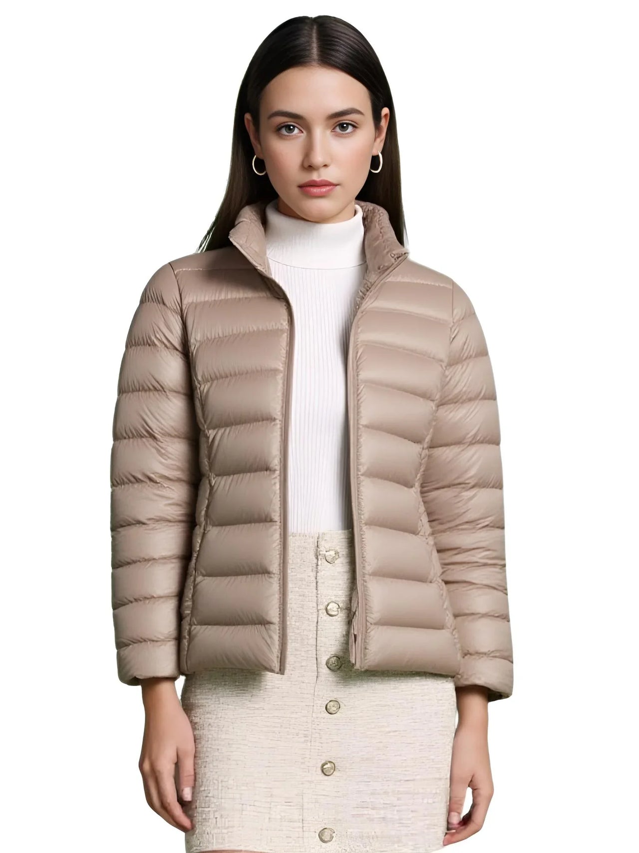 Woman wearing a khaki duck down jacket on a white background