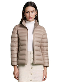 Thumbnail for Woman wearing a khaki duck down jacket on a white background
