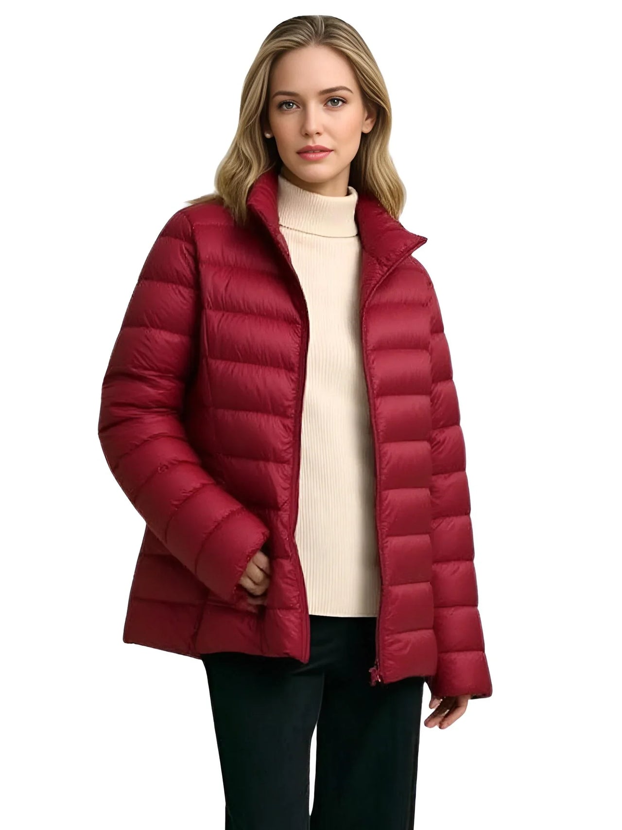 Woman wearing a dark red duck down jacket on a white background