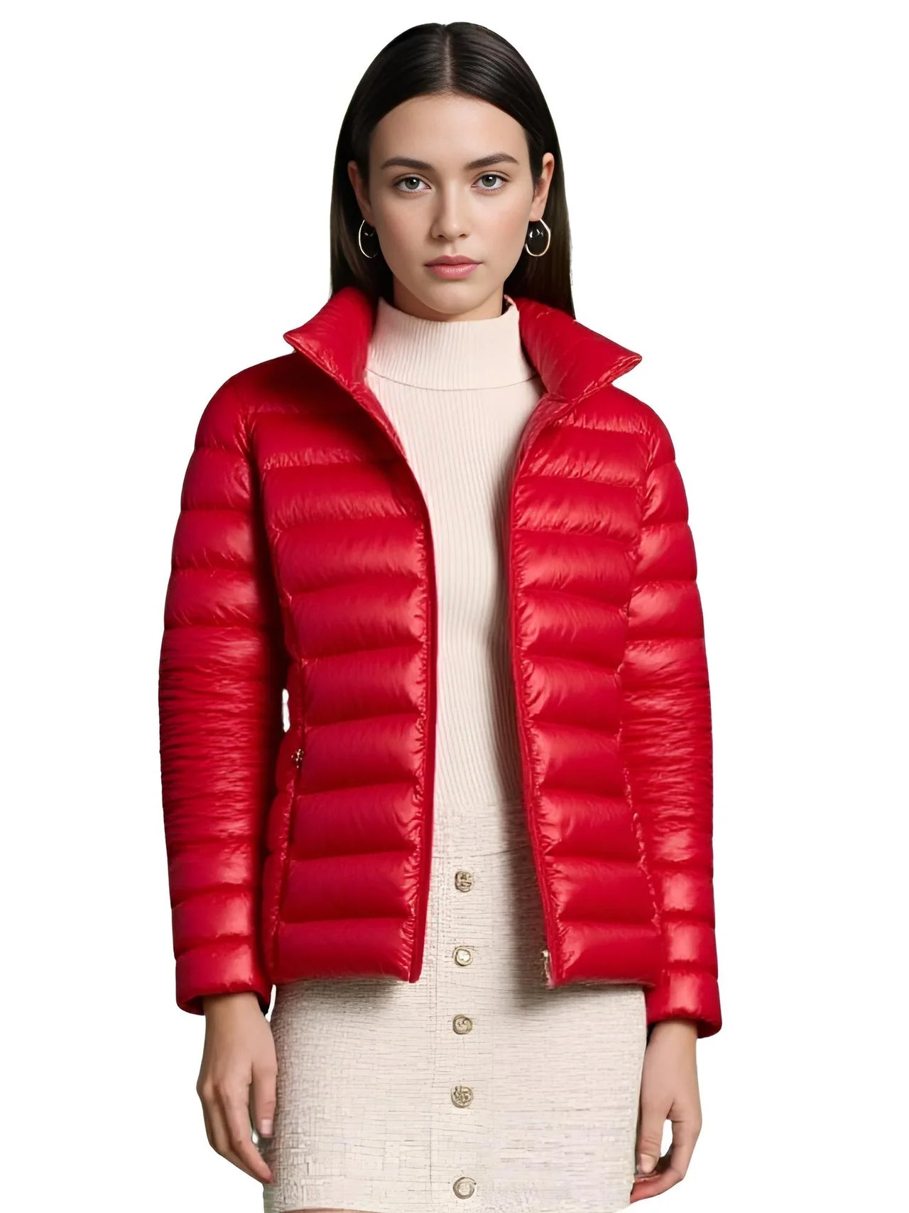 Woman wearing a red puffer jacket on a white background