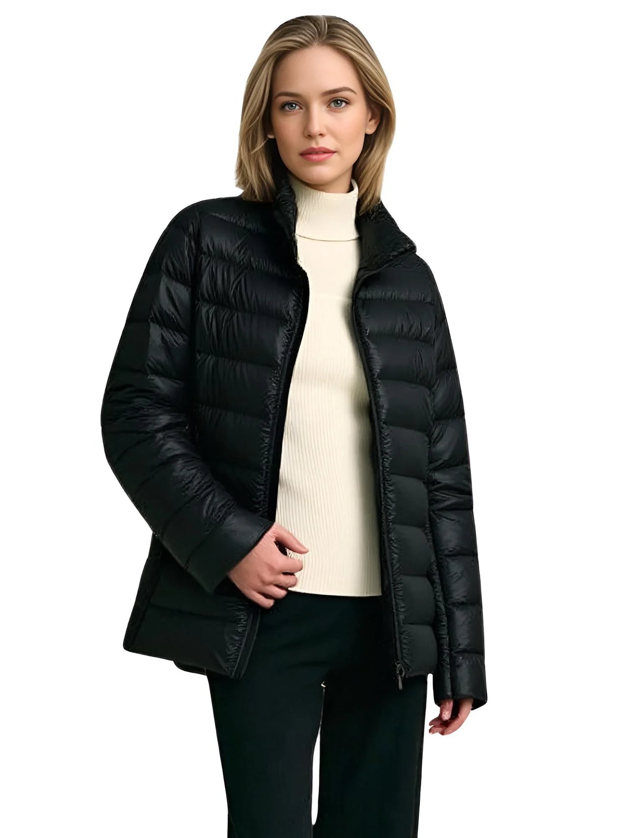 Woman wearing a black puffer jacket on a white background