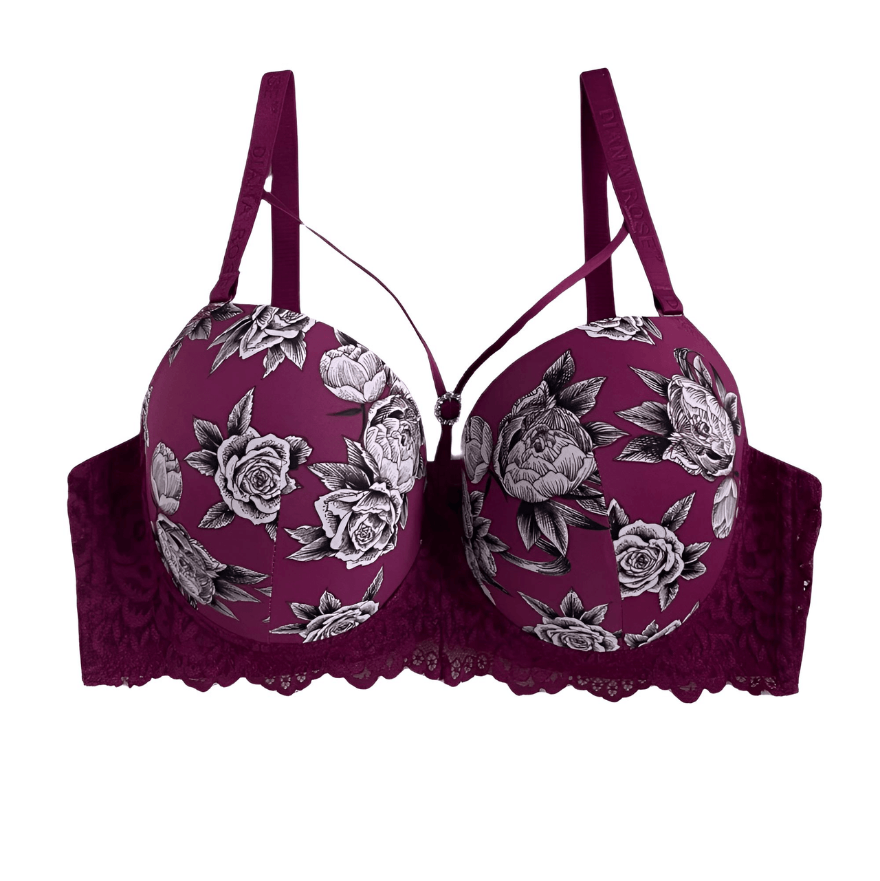 Purple floral bra on a white background
