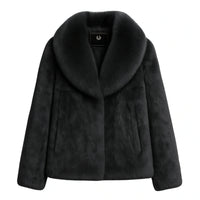 Thumbnail for Dark grey rabbit fur coat with a fur collar on a white background