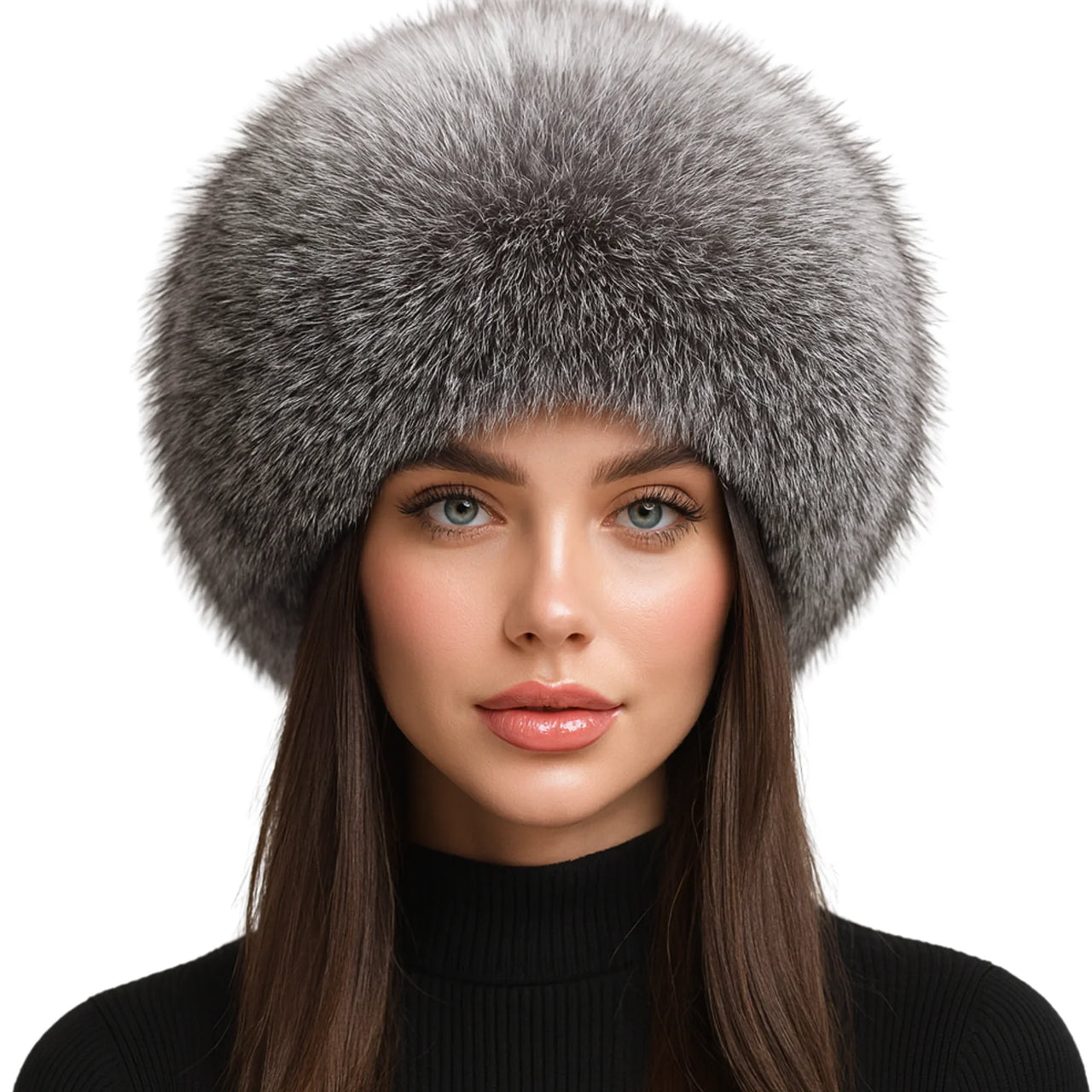 Woman wearing a silver fox fur hat on a white background