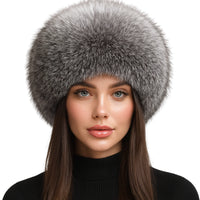 Thumbnail for Woman wearing a silver fox fur hat on a white background