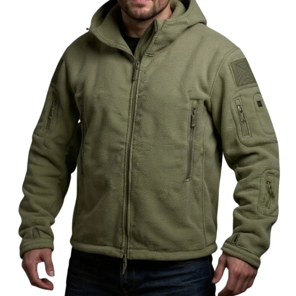 Green tactical jacket with multiple pockets and patches on a white background