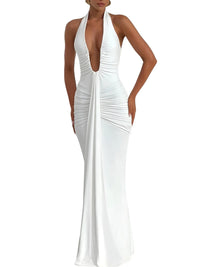 Thumbnail for Deep V-Neck Halter Maxi Dress Women's Sleeveless Ruched Gown Draped Club Party Long Dress, Drestiny, Maxi Dresses, Dresses, Sleeveless, S, M, L, 4, 6, 8, 10, United States, USA, Canada, Australia, New Zealand, United Kingdom, UK, White, Black, Wine Red, Sky Blue, Green, Purple, V-neck maxi dress, Halter neck dress, Summer Maxi Dress, Wedding Guest maxi dress, Backless maxi dress, elegant maxi dress, shopdrestiny.com