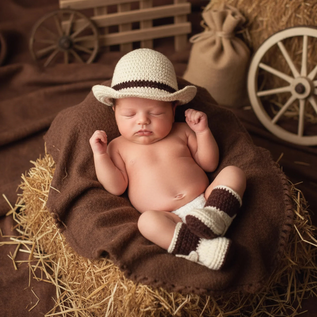 Newborn baby in a rustic setting with a hat and booties, surrounded by hay and wooden wheels.