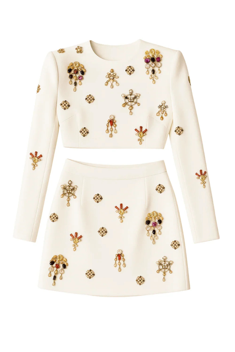 Luxury Colorful Diamond Beaded Skirt Set Long Sleeve Black Short Top + Skirt Two-Piece Set