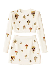 Thumbnail for Luxury Colorful Diamond Beaded Skirt Set Long Sleeve Black Short Top + Skirt Two-Piece Set