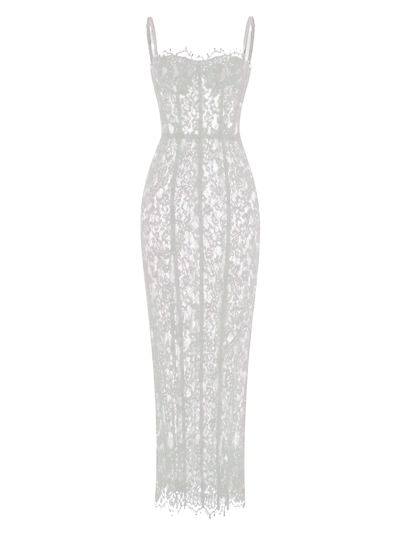 White sheer lace bodycon dress on a white background