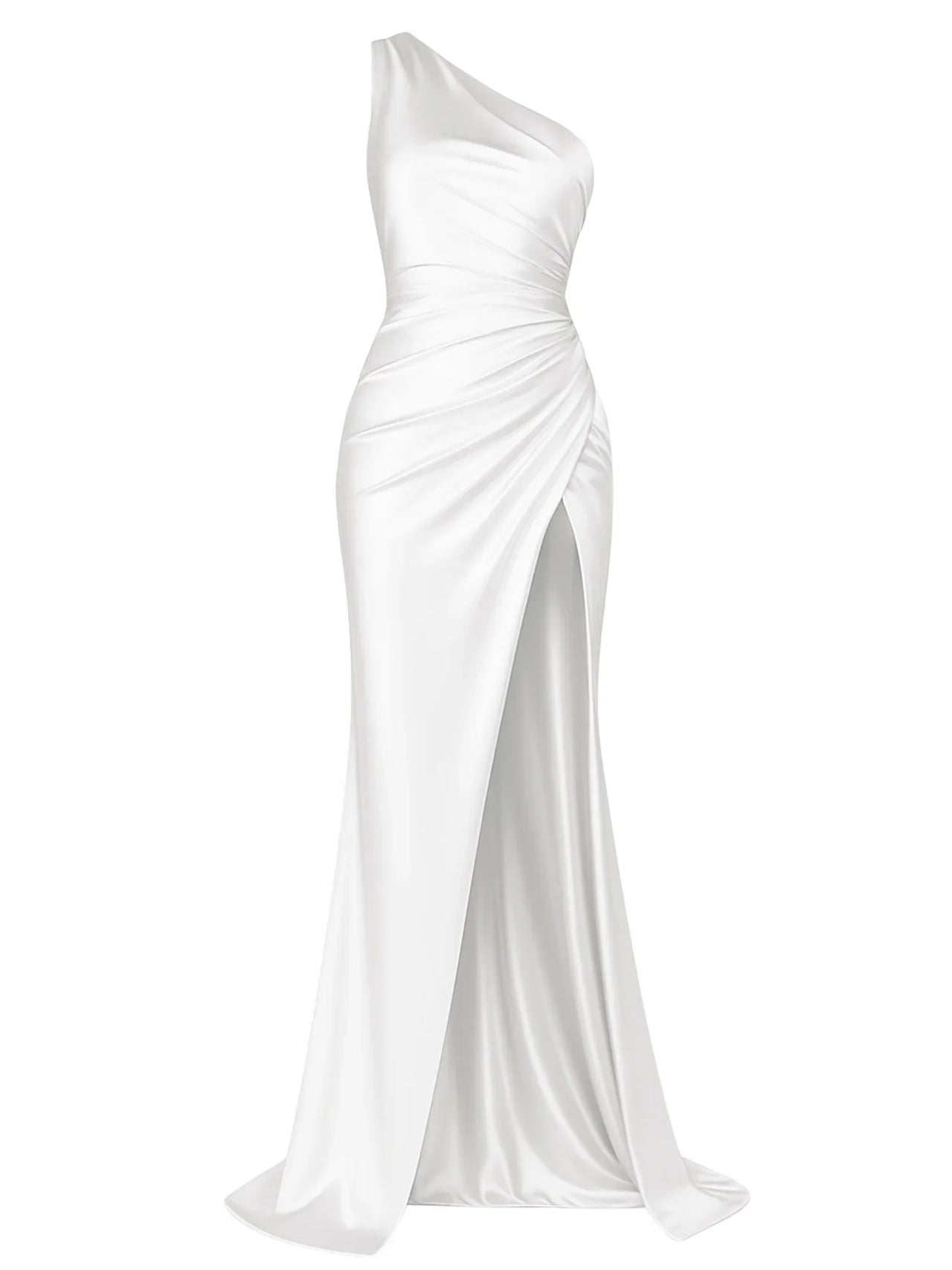 White one-shoulder draped maxi dress with a high slit on a white background
