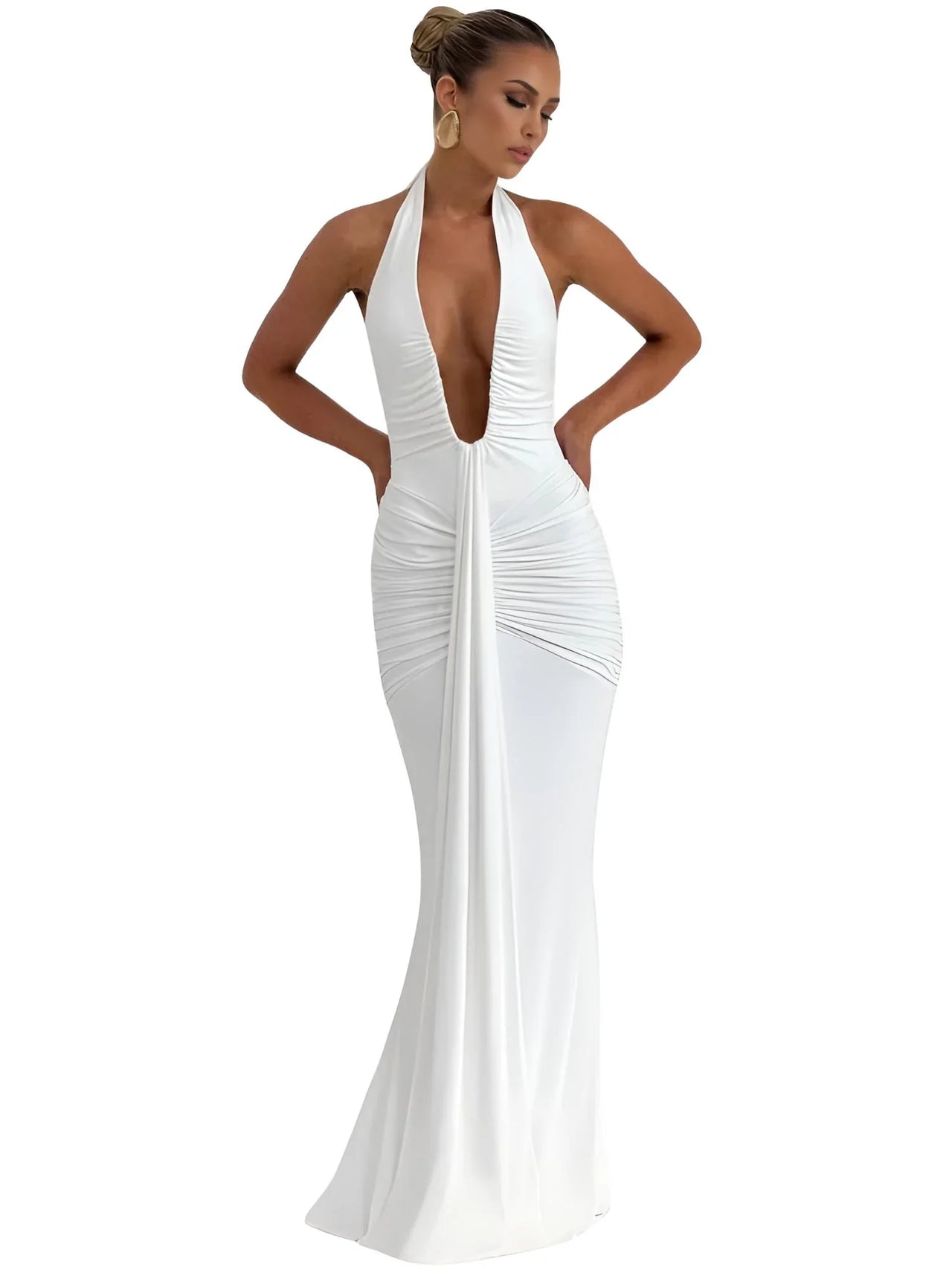 Deep V-Neck Halter Maxi Dress Women's Sleeveless Ruched Gown Draped Club Party Long Dress, Drestiny, Maxi Dresses, Dresses, Sleeveless, S, M, L, 4, 6, 8, 10, United States, USA, Canada, Australia, New Zealand, United Kingdom, UK, White, Black, Wine Red, Sky Blue, Green, Purple, V-neck maxi dress, Halter neck dress, Summer Maxi Dress, Wedding Guest maxi dress, Backless maxi dress, elegant maxi dress, shopdrestiny.com