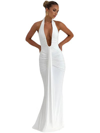 Thumbnail for Deep V-Neck Halter Maxi Dress Women's Sleeveless Ruched Gown Draped Club Party Long Dress, Drestiny, Maxi Dresses, Dresses, Sleeveless, S, M, L, 4, 6, 8, 10, United States, USA, Canada, Australia, New Zealand, United Kingdom, UK, White, Black, Wine Red, Sky Blue, Green, Purple, V-neck maxi dress, Halter neck dress, Summer Maxi Dress, Wedding Guest maxi dress, Backless maxi dress, elegant maxi dress, shopdrestiny.com