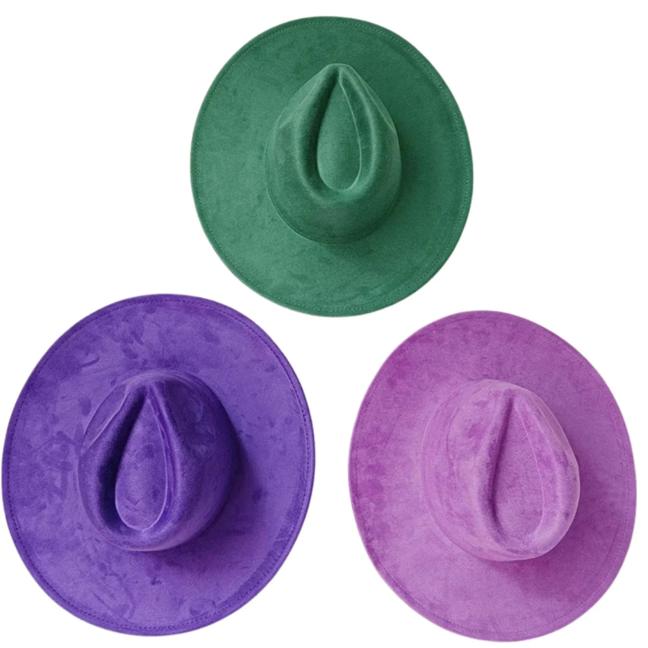 Three colorful fedora hats in green, purple, and pink on a white background