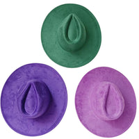 Thumbnail for Three colorful fedora hats in green, purple, and pink on a white background