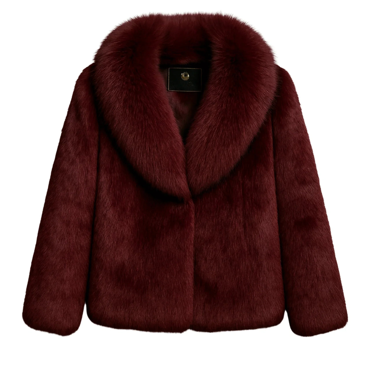 Wine red fur coat with a collar on a white background