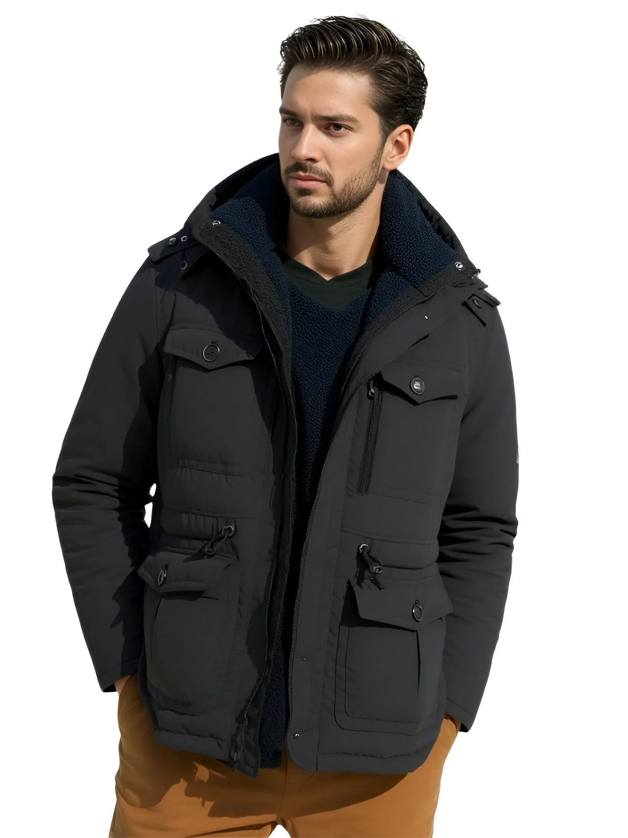 Man wearing a black winter coat on a white background