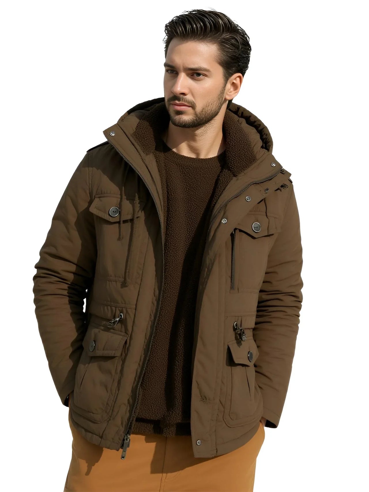 Man wearing a brown winter jacket on a white background