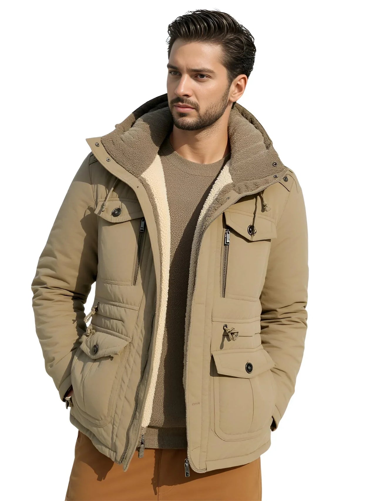 Man wearing a khaki winter jacket with a white background